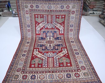 5x8 Red Kazak Rug - Afghan Handmade Wool, Geometric Design