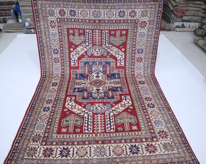 5x8 Red Kazak Rug - Afghan Handmade Wool, Geometric Design