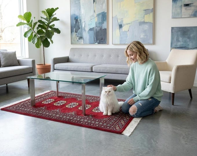 2.1 X 2.11 ft Red Geomatrical Handmade ,Mori Bokhara Cotton and Wool