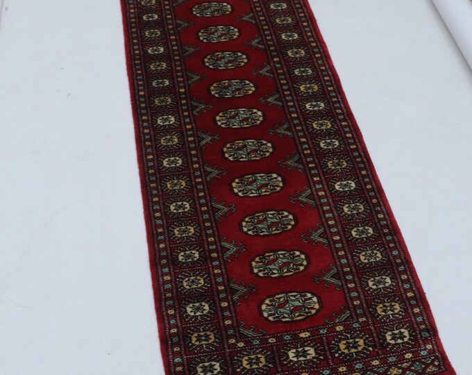 2.0 X 5.11 ft Red Geomatrical Runner Handmade, Mori Bokhara Cotton and Wool