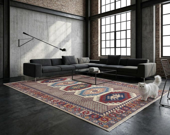 7 X 11 ft Beige and Red Geomatrical Handmade , Super Kazak Cotton and Wool