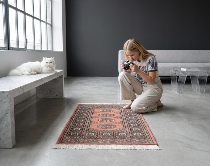 2.1 X 3.0 ft Copper Geomatrical Handmade ,Mori Bokhara Cotton and Wool