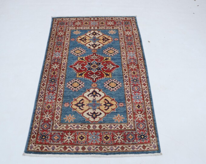3 X 5 ft Blue and Red Geomatrical Handmade, Super Kazak Cotton and Wool