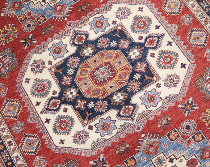 8x10 Red Kazak Rug – Handmade Afghan Wool Geometric Area Rug
