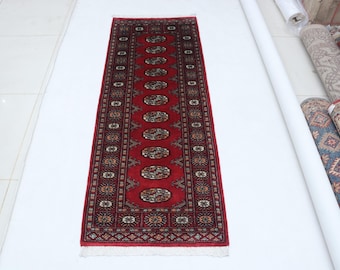 2.1 X 5.8 ft Red Geomatrical Runner Handmade, Mori Bokhara Cotton and Wool