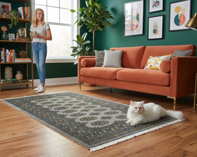 3.0 X 4.9 ft Gray Geomatrical Handmade Runner, Mori Bokhara Cotton and Wool