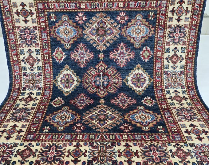 3 X 3 ft Handmade Floral Super Kazak Rug, Blue and Beige , Cotton and Wool