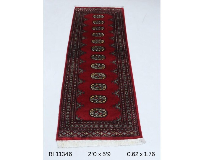 2 X 6 ft Red Geometrical Handmade Runner, Mori Bokhara Cotton and Wool