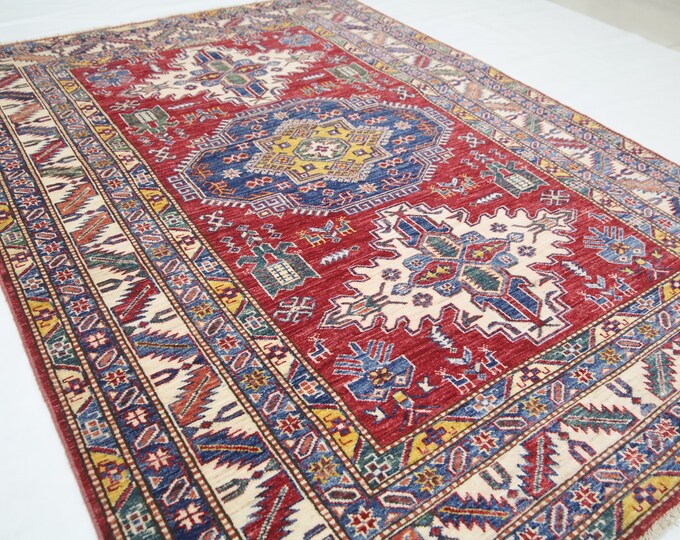 Handmade Kazak Wool Area Rug – 5x7 ft, Red Geometric Afghan Rug