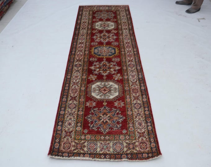 3 X 9 ft Red and Beige Geomatrical Handmade Runner, Super Kazak Cotton and Wool
