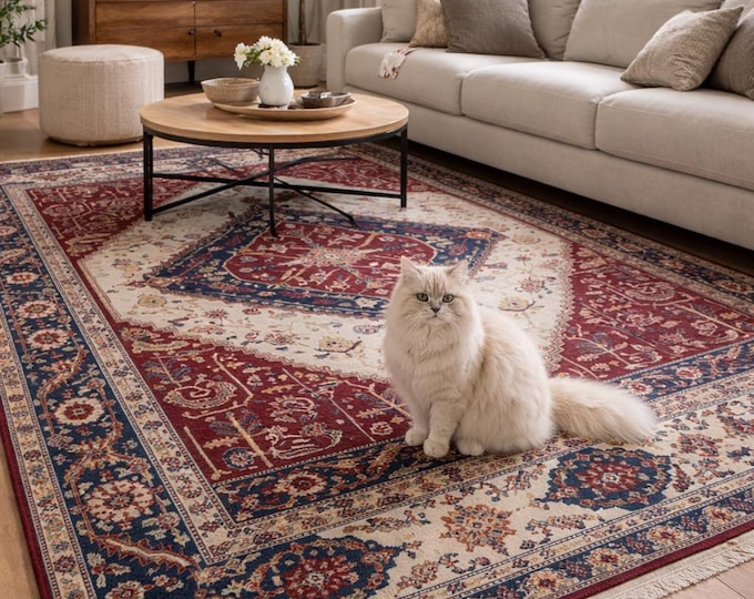 8.1 X 10.2 ft Beige and Blue Floral Handmade ,Heriz Cotton and Wool