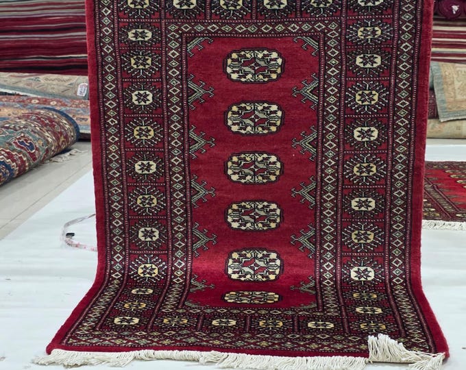 2.5 X 4 ft Red Geometrical Handmade, Mori Bokhara Cotton and Wool