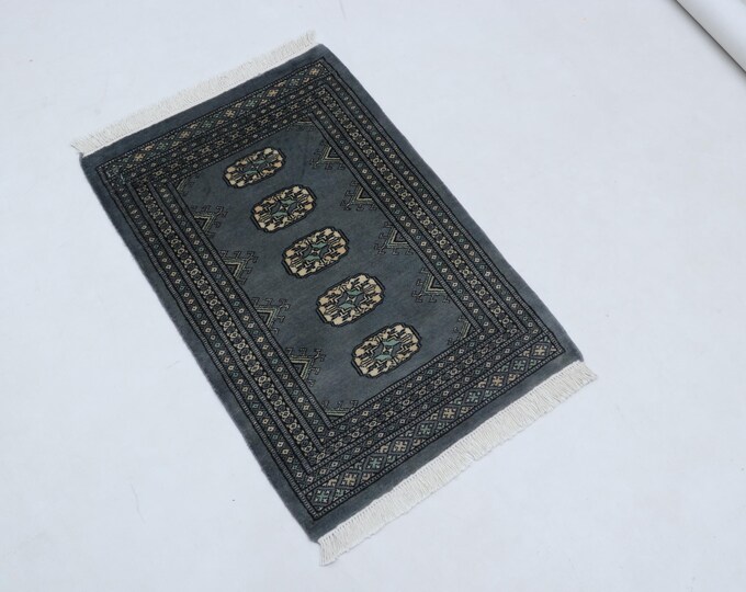 2.0 X 3.1 ft Gray Geomatrical Handmade, Mori Bokhara Cotton and Wool