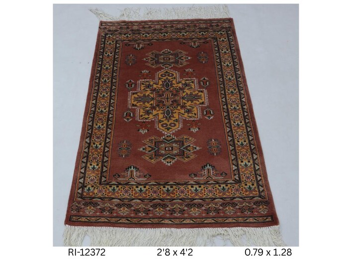 Hand-Knotted Wool and Silk Touch Rug, Copper Geometric Design, 2.8 x 4.2 ft