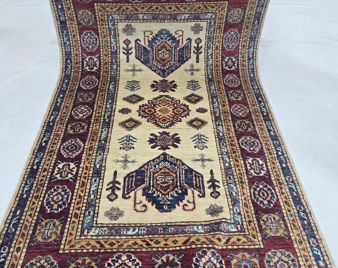 2.5 X 4 ft Handmade Geometrical Super Kazak Rug, Beige and Red, Cotton and Wool