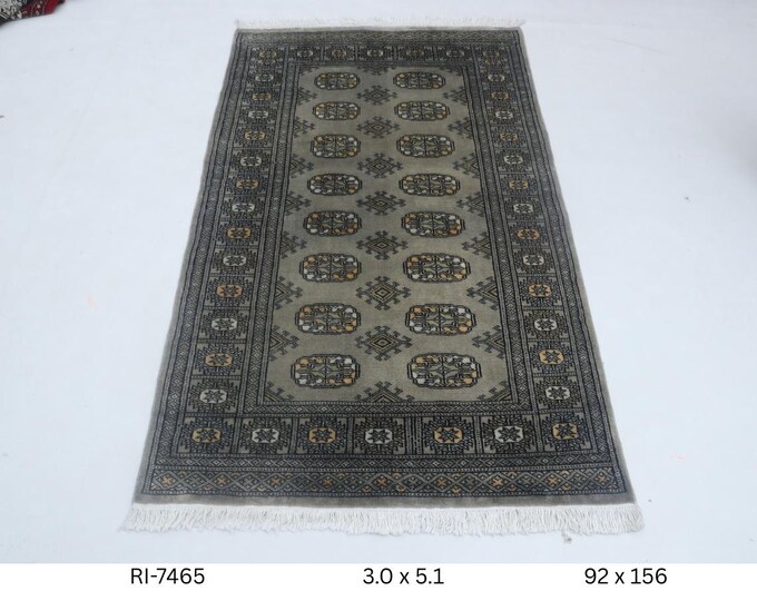 Hand-knotted Mohri Bokhara Cotton and Wool Rug, Geomatrical in Gray base and Gray border, 3.0 x 5.1 ft
