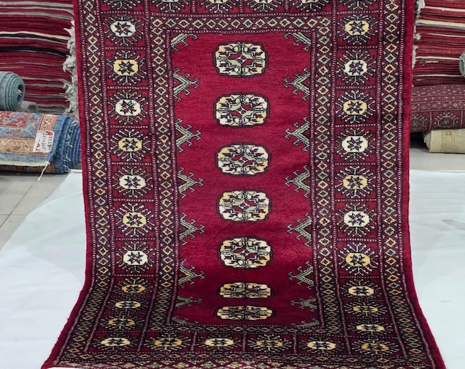2.5 X 4 ft Red Geometrical Handmade, Mori Bokhara Cotton and Wool