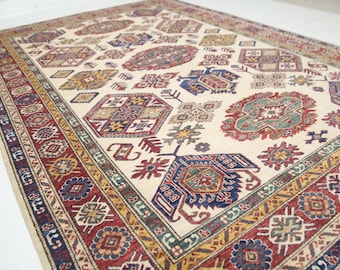7x10 Afghan Handmade Wool Rug – Beige Geometric Kazak Rug