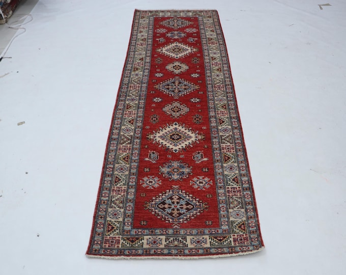 2.6 x 7.7 ft Red and Beige Geomatrical Handmade Runner , Super Kazak Cotton and Wool