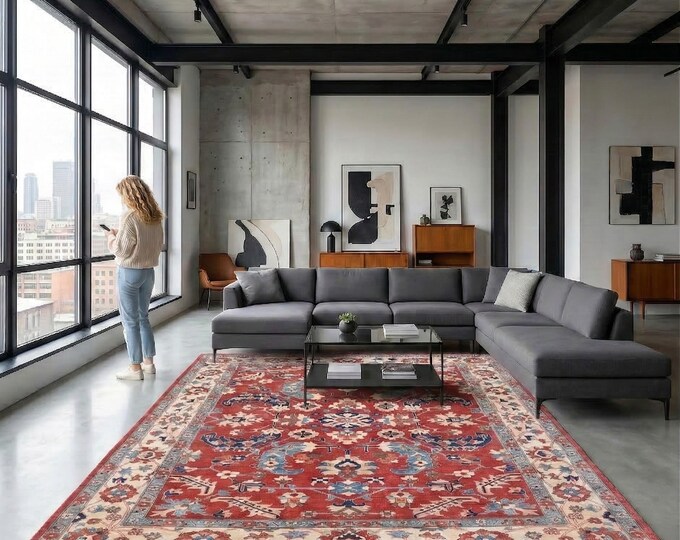 8.0 X 10.0 ft Red and Beige Floral Handmade ,Heriz Cotton and Wool