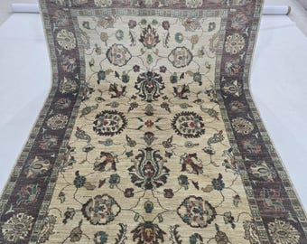 5 X 8 ft Handmade Floral Chobi Rug, Beige and Brown, Cotton and Wool