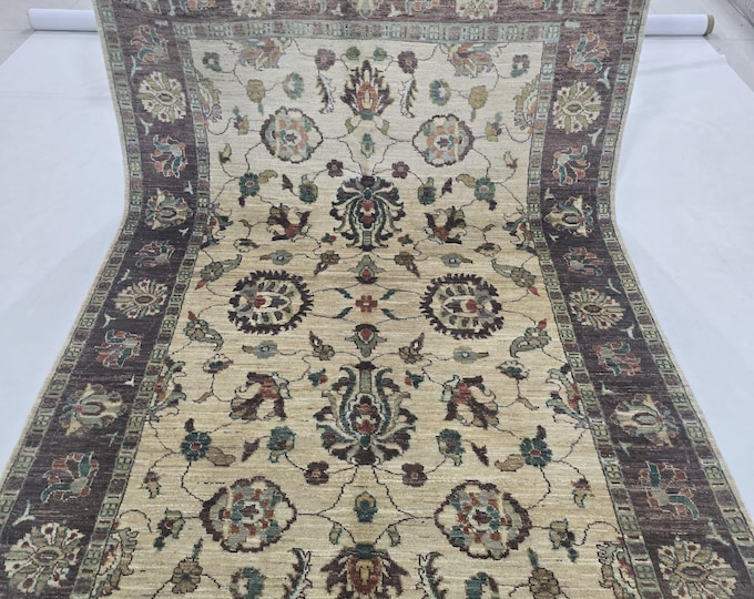 5 X 8 ft Handmade Floral Chobi Rug, Beige and Brown, Cotton and Wool