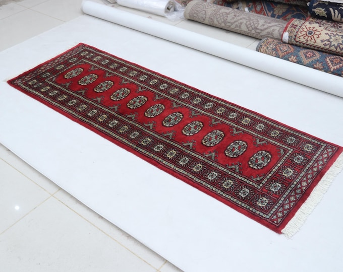 2.0 X 6.0 ft Red Geomatrical Runner Handmade, Mori Bokhara Cotton and Wool