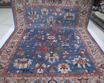 9x12 Blue Afghan Chobi Rug - Handmade Wool, Floral Oriental Rug