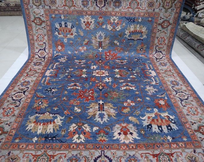 9x12 Blue Afghan Chobi Rug - Handmade Wool, Floral Oriental Rug