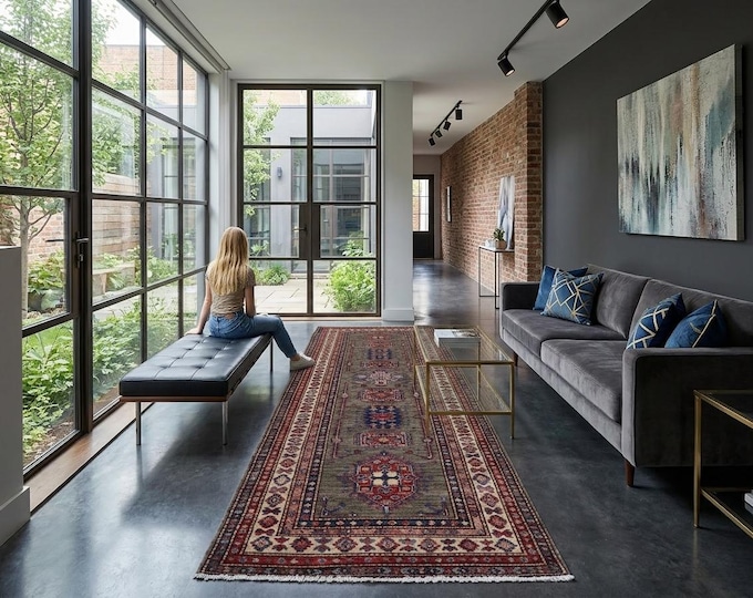 2.8 X 7.10 ft Gray and Beige Geomatrical Handmade Runner, Super Kazak Cotton and Wool