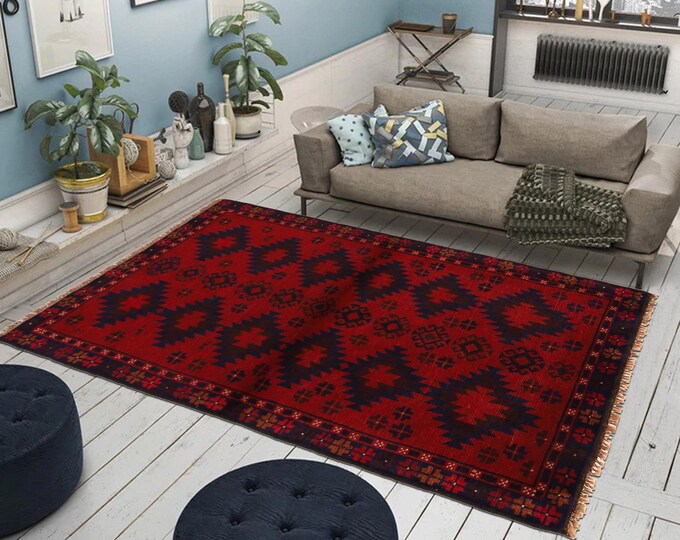 Hand-knotted Baluchi in Blue and Red 2.95 x 4.59 ft