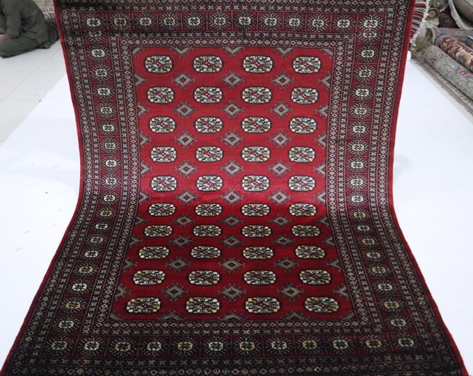 Hand Knotted Wool Mori Bokhara Rug, 5x7 Tribal Geometric Rug