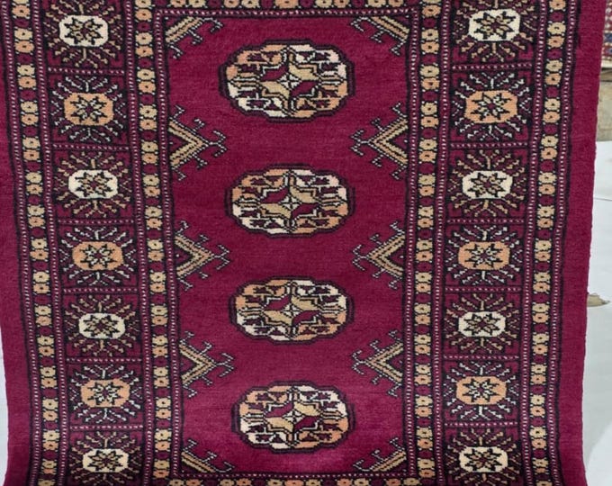 2 X 3 ft Red Geometrical Handmade, Mori Bokhara Cotton and Wool