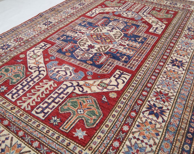 Handmade Wool Kazak Rug – 5x8 Afghan Red Traditional Rug