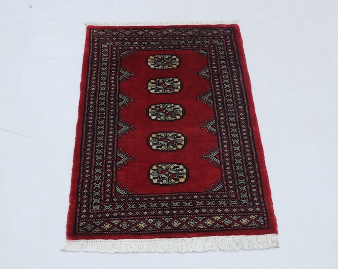 2.1 X 3.2 ft Red Geomatrical Handmade ,Mori Bokhara Cotton and Wool