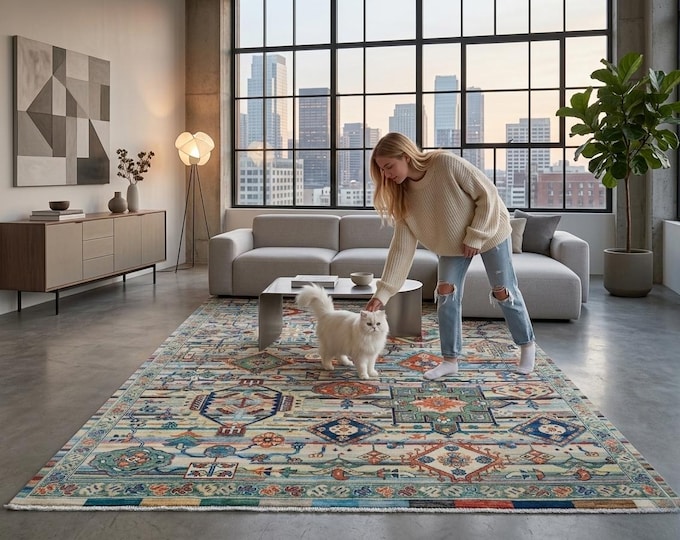 5.5 X 7.10 ft Rainbow Geomatrical Handmade ,Heriz Cotton and Wool