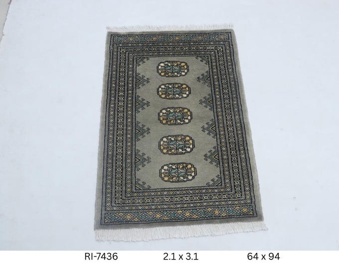 Hand-knotted Mori Bokhara Cotton and Wool Rug, Geomatrical in Gray base and Gray border, 2.1 x 3.1 ft
