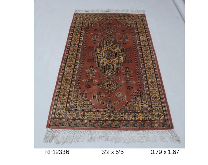 Hand-Knotted Wool and Silk Touch Rug, Copper Geometric Design, 3.2 x 5.5 ft