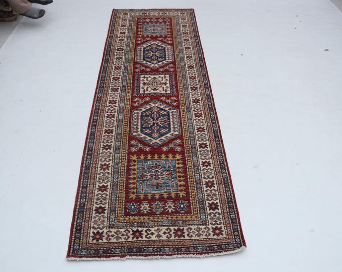 2.7 x 8.3 ft Red and Beige Geomatrical Handmade Runner , Super Kazak Cotton and Wool