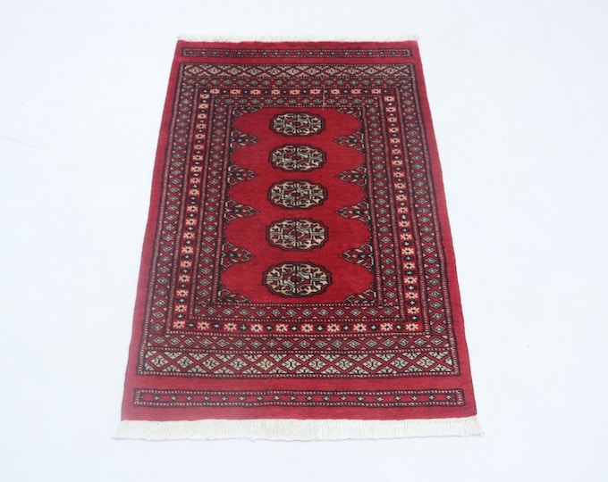 2.7X 3.11 ft Red Geomatrical Handmade Runner, Mori Bokhara Cotton and Wool