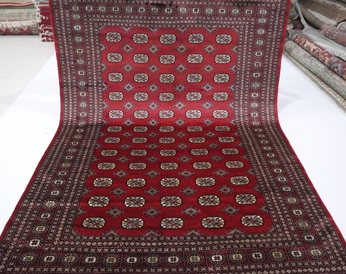 6x9 Ft Hand-Knotted Wool Mori Bokhara Rug, Red Geometric Rug