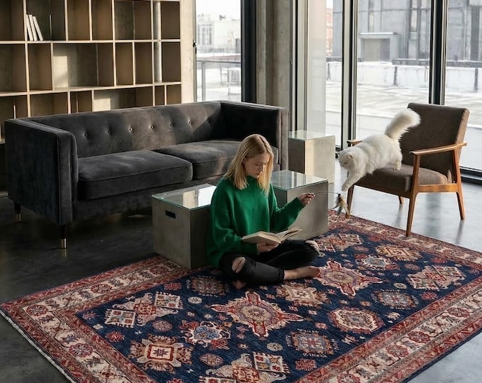 5.5 X 8.11 ft Blue and Beige Geomatrical Handmade , Super Kazak Cotton and Wool