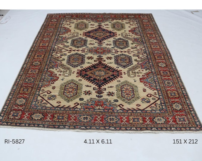 Hand-knotted Kazak Rug, Cotton and Wool, Beige and Red (4.11 x 6.11 ft)