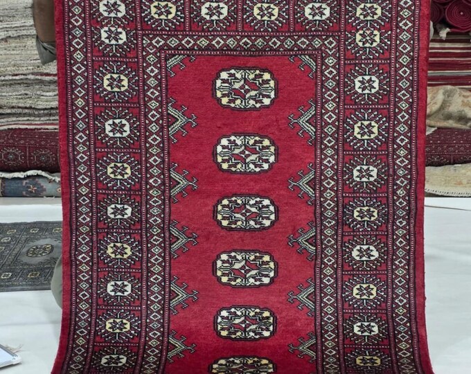 2.5 X 4 ft Red Geometrical Handmade, Mori Bokhara Rug Cotton and Wool