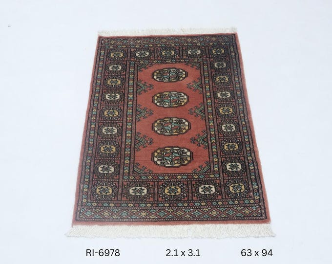 Hand-knotted Mori Bokhara Cotton and Wool Rug, Geomatrical in Copper base and Woolborder, 2.1 x 3.1 ft
