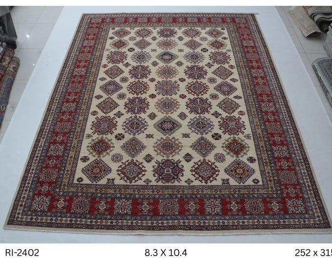 Hand-knotted Wool Kazak Rug, Beige and Red, 8.3 x 10.4 ft