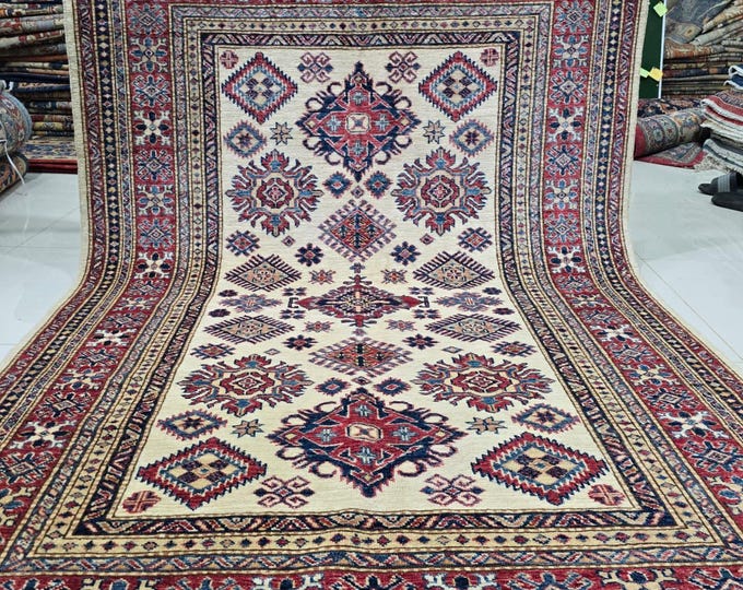 5 X 7 ft Handmade Geometrical Super Kazak Rug, Beige and Red, Cotton and Wool