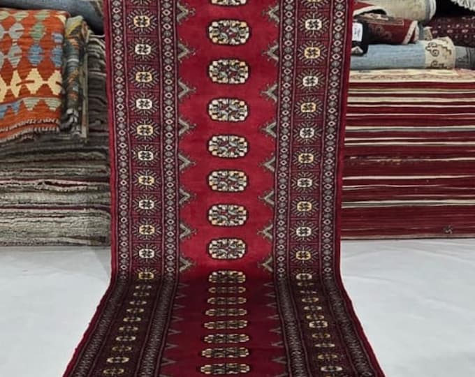 2.5 X 15 ft Red Geometrical Handmade Runner, Mori Bokhara Cotton and Wool
