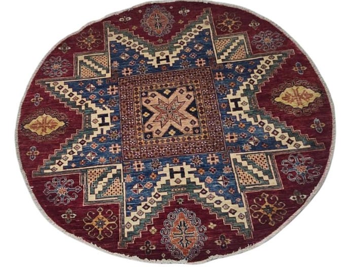 5 X 5 ft Blue and Red Geometrical Handmade Round, Chobi Rug Cotton and Wool