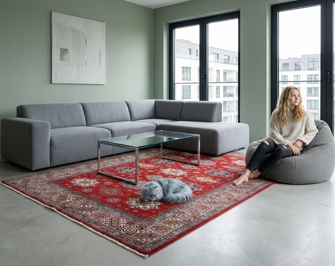 5 X 6 ft Red and Beige Geomatrical Handmade, Super Kazak Cotton and Wool